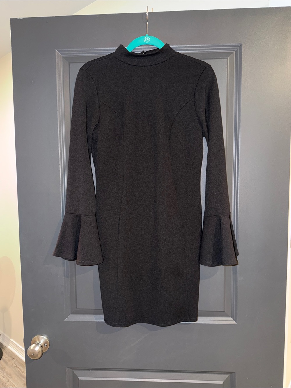 Black Long-Sleeve Flounce-Cuff Sheath Dress